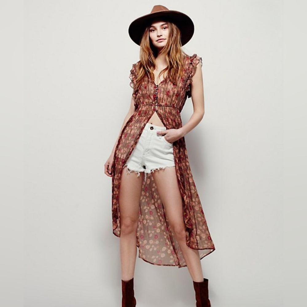 Free People Floral Sheer Blouse in Brown and Cream